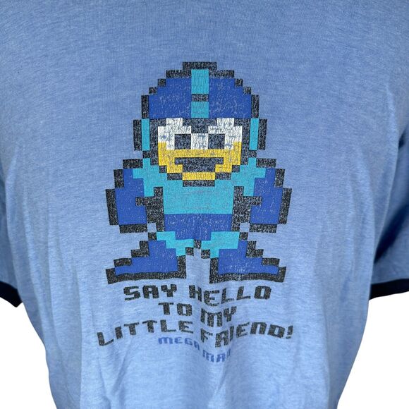 Vintage MegaMan T-Shirt Men’s XL Blue Say Hello To My Little Friend 2003 USA Y2K - Picture 2 of 12